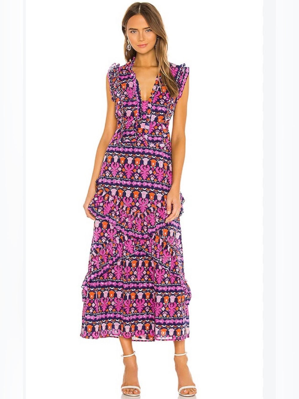 Banjanan Donna Multicolor Ruffle Detail Sleeveless Waist Tie Midi Dress size XS